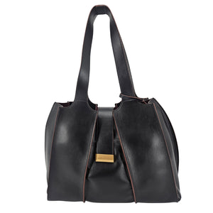 A sleek, black polished leather handbag with a wide opening, two top handles, and a horizontal gold bar accent on the front.