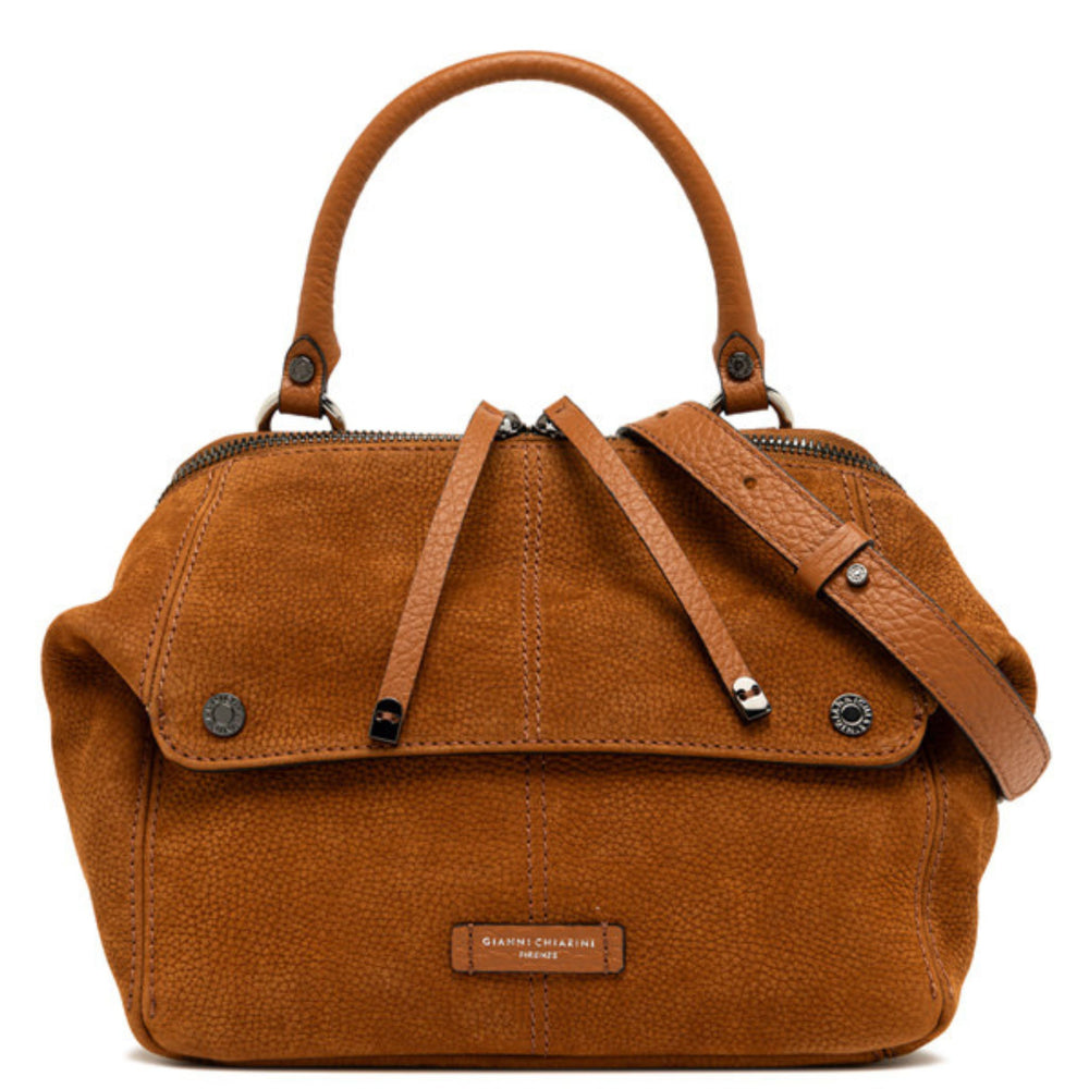 Brown leather handbag with a strap on a white background
