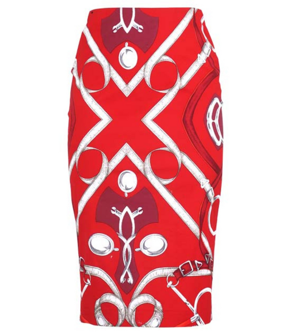A knee-length dress with a collared neckline, three-quarter sleeves, and a flared skirt. Features a bold allover abstract pattern and fitted waist.