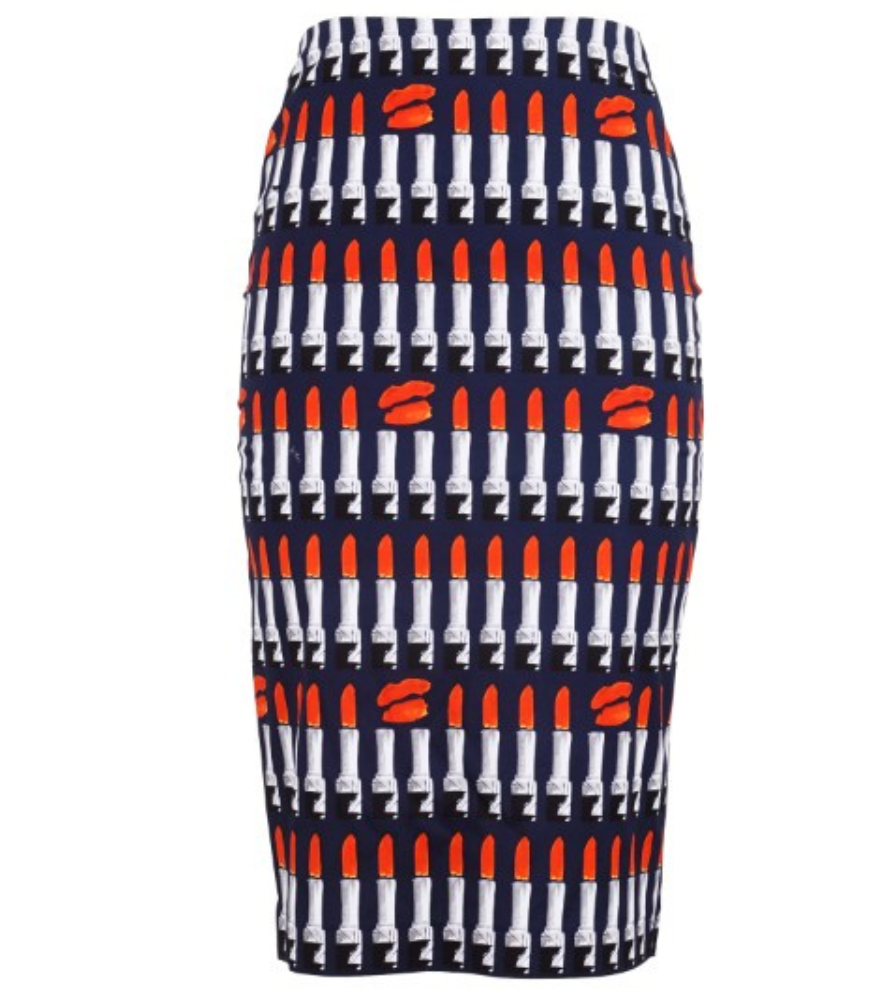 A knee-length dress with a collared neckline, three-quarter sleeves, and a flared skirt. Features a bold allover abstract pattern and fitted waist.