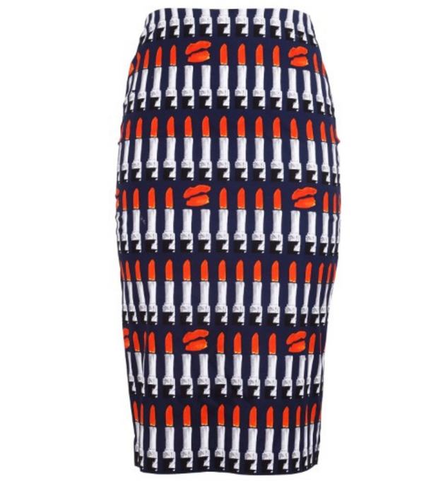A knee-length dress with a collared neckline, three-quarter sleeves, and a flared skirt. Features a bold allover abstract pattern and fitted waist.