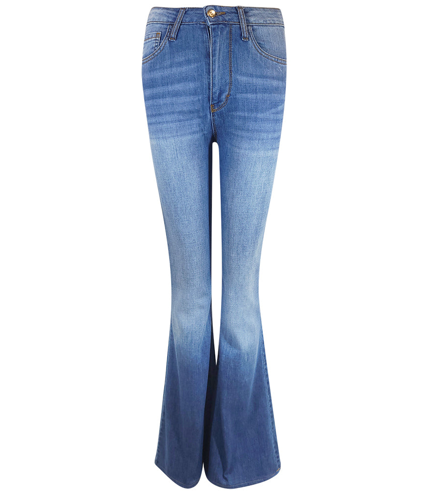 Flared-leg pants made in Italy with a mid-rise fit, featuring front and back pockets and star-shaped accents on the hip, lower leg, and back pocket. Displayed from multiple angles against a clean background