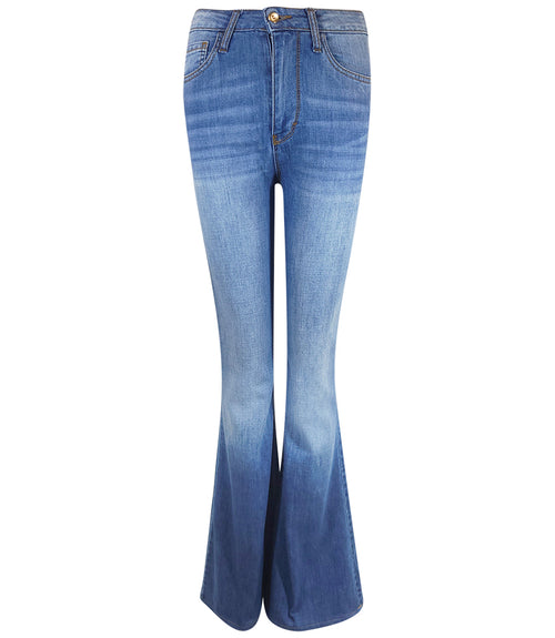 Flared-leg pants made in Italy with a mid-rise fit, featuring front and back pockets and star-shaped accents on the hip, lower leg, and back pocket. Displayed from multiple angles against a clean background