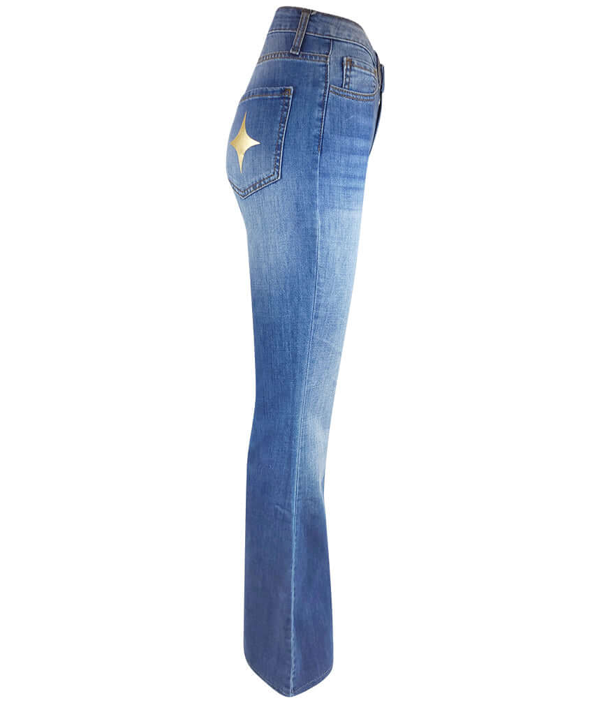 Blue denim flared jeans with button fly, belt loops, and stitched front seams