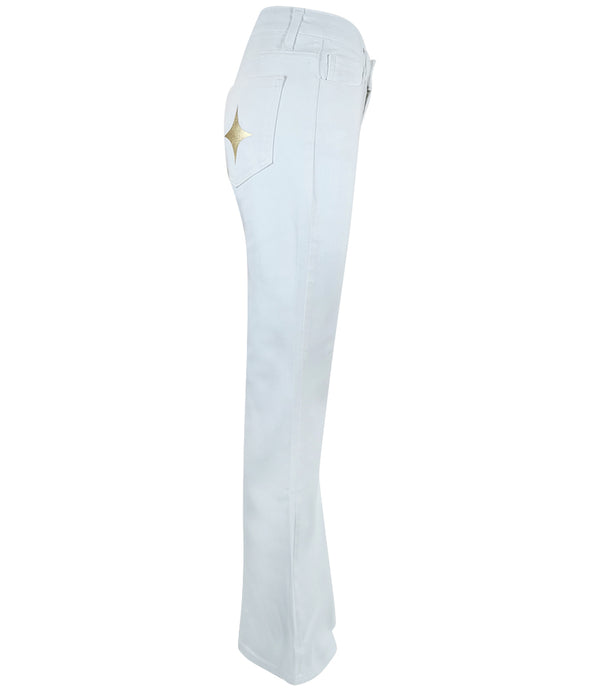 Flared-leg pants made in Italy with a mid-rise fit, featuring front and back pockets and star-shaped accents on the hip, lower leg, and back pocket. Displayed from multiple angles against a clean background