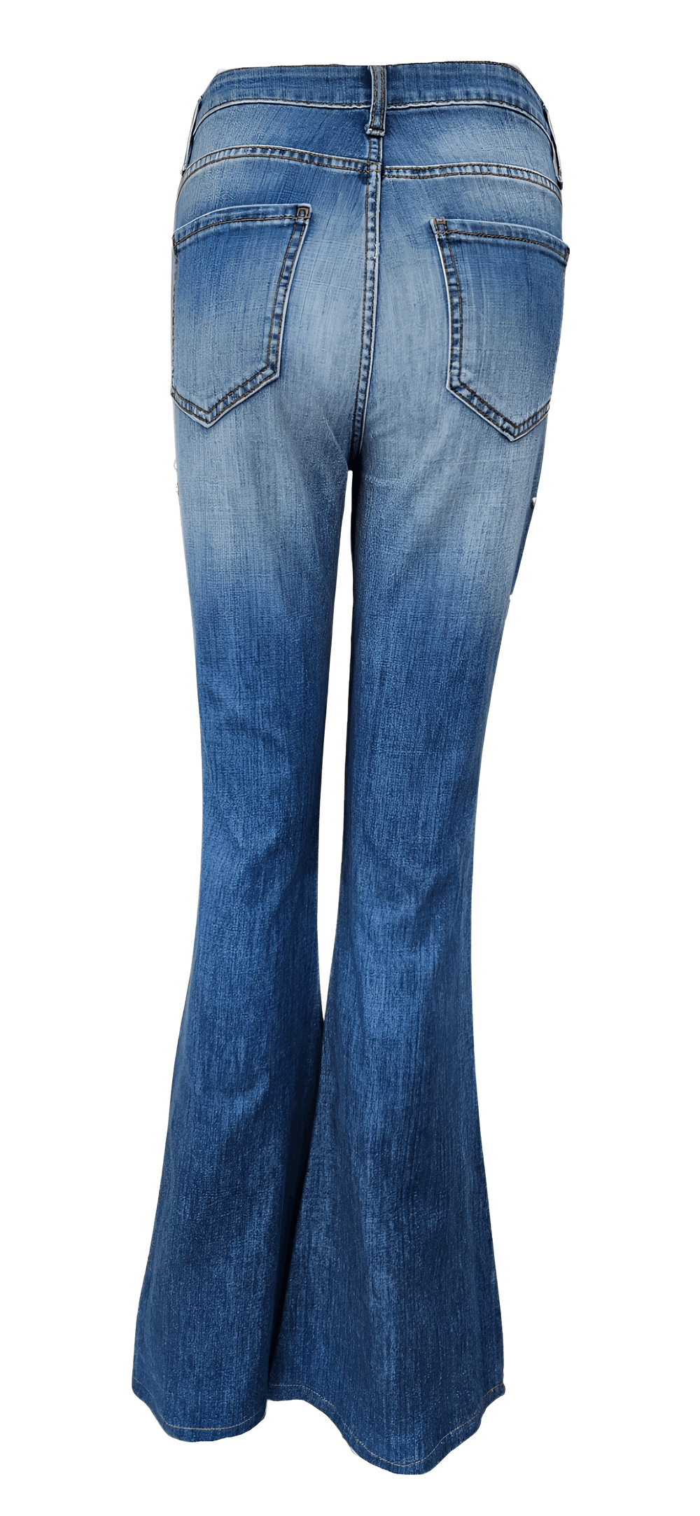 Denim studded bootcut jeans with gold buttons and five-pocket front