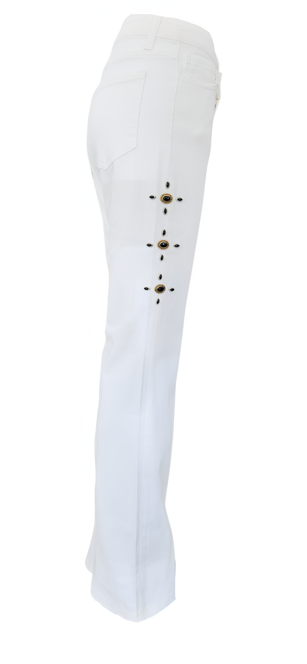 Flared-leg pants made in Italy with a mid-rise fit, featuring front and back pockets and star-shaped accents on the hip, lower leg, and back pocket. Displayed from multiple angles against a clean background