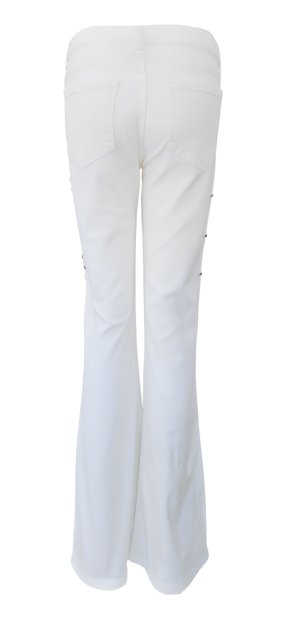 Women's white studded flare jeans with gold button closure