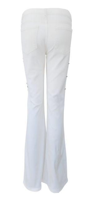 Flared-leg pants made in Italy with a mid-rise fit, featuring front and back pockets and star-shaped accents on the hip, lower leg, and back pocket. Displayed from multiple angles against a clean background