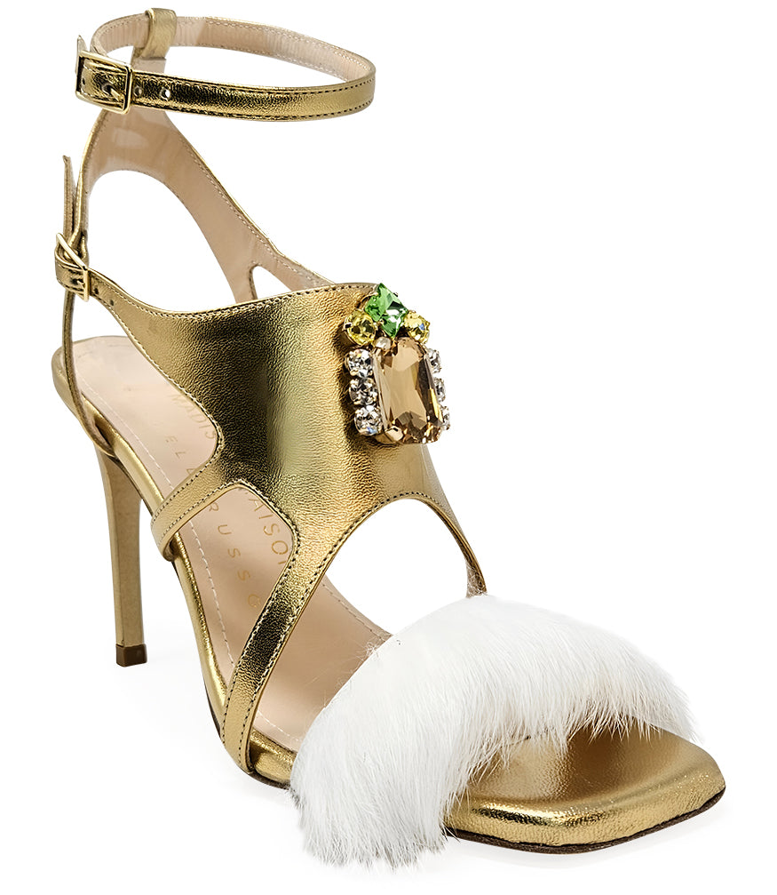 Madison Maison Gold Leather Open Toe Feather Pump