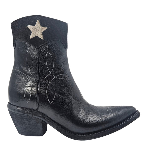 Black Leather Pointy Toe Star Ankle Boots