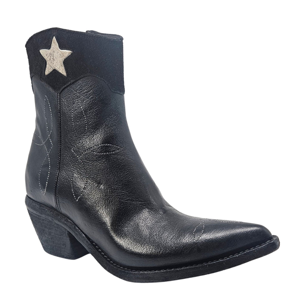 Black Leather Pointy Toe Star Ankle Boots