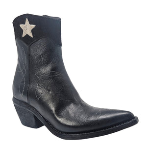 Black Leather Pointy Toe Star Ankle Boots