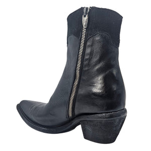 Black Leather Pointy Toe Star Ankle Boots