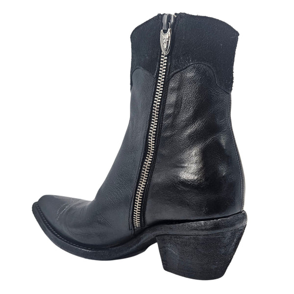Black Leather Pointy Toe Star Ankle Boots