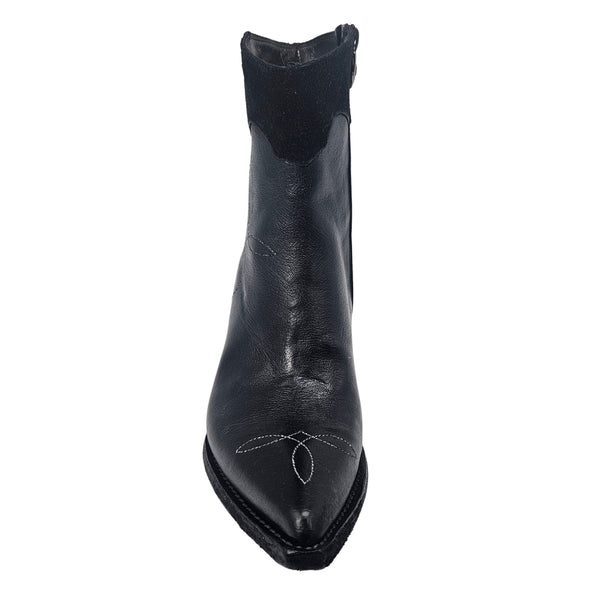 Black Leather Pointy Toe Star Ankle Boots