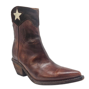 Cognac Leather Pointy Toe Star Ankle Boots