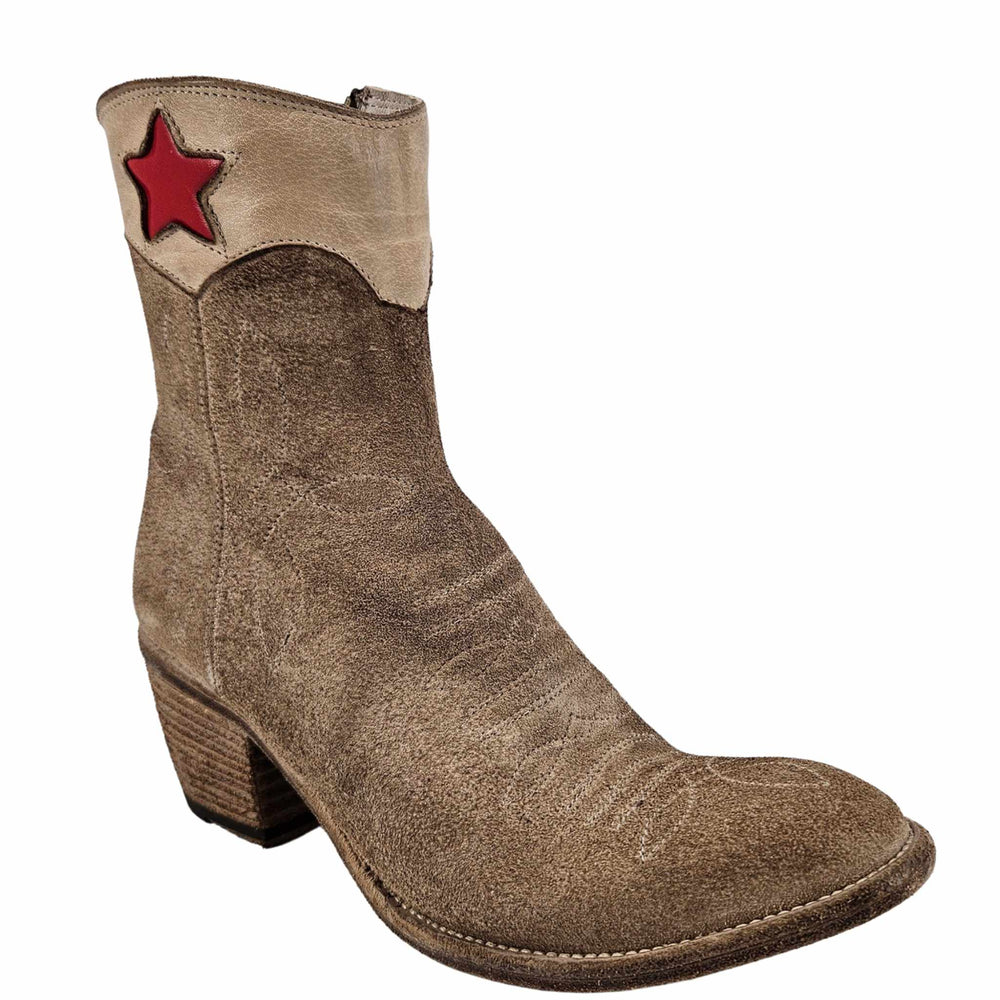 Beige suede ankle cowboy boots with red star patch and stacked block heel