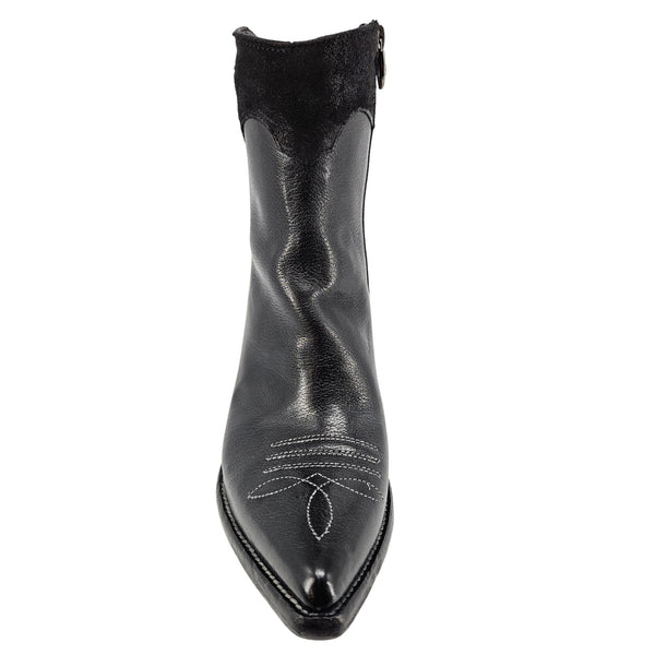 Black leather pointy-toe ankle cowboy boot with stitched toe and pull tab
