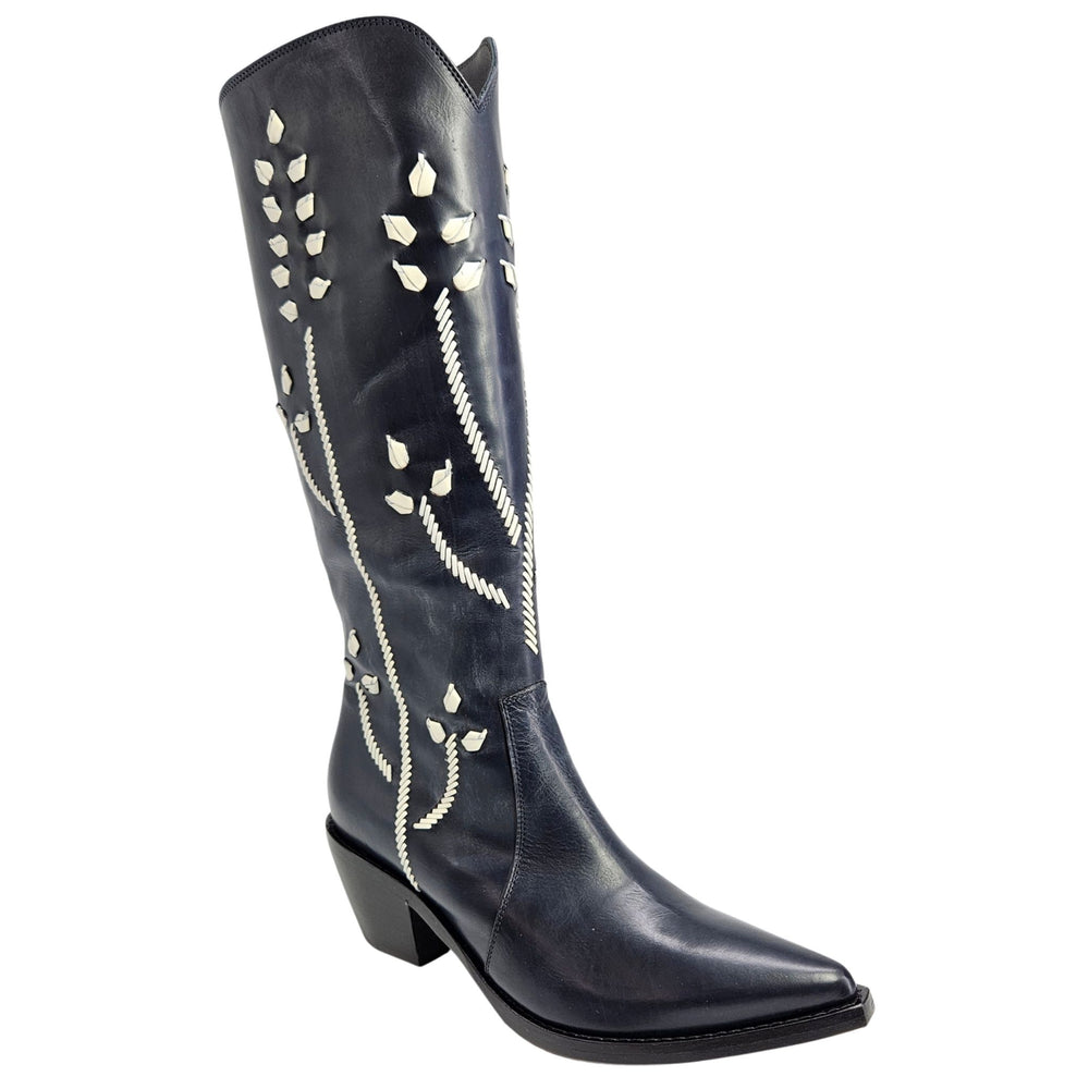 Tall dark blue leather cowboy boots with white floral embroidery and block heel