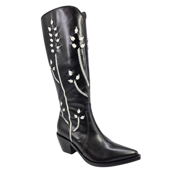Black tall leather cowboy boots with white floral embroidery, square toe block heel