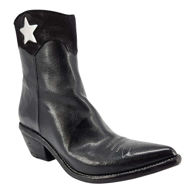 Black leather pointy-toe ankle cowboy boot with silver star on shaft