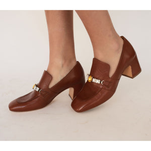 White Leather Mid Heel Jeweled Loafer