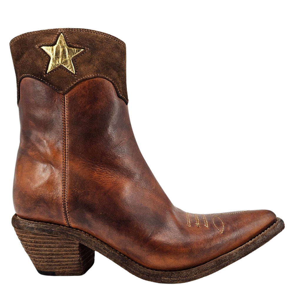 Cognac leather cowboy ankle boots, gold star patch, pointed toe, low block heel