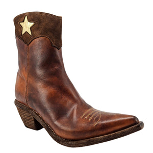 Cognac leather cowboy ankle boots with gold star, pointed toe, stitched shaft