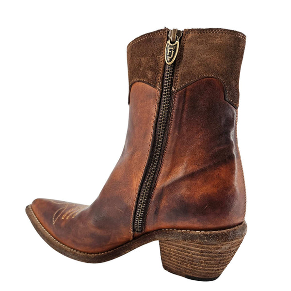 Cognac leather cowboy ankle boots with side zipper, pointed toe, stacked low heel