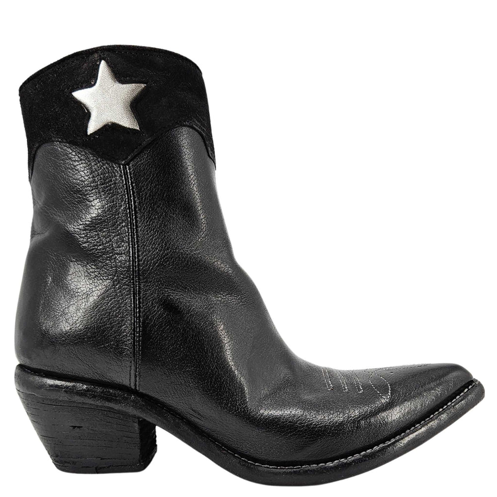 Black leather ankle cowboy boot with silver star, block heel and pointy toe