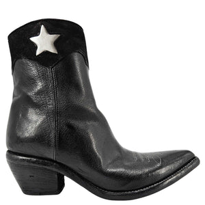 Black leather ankle cowboy boot with silver star, block heel and pointy toe