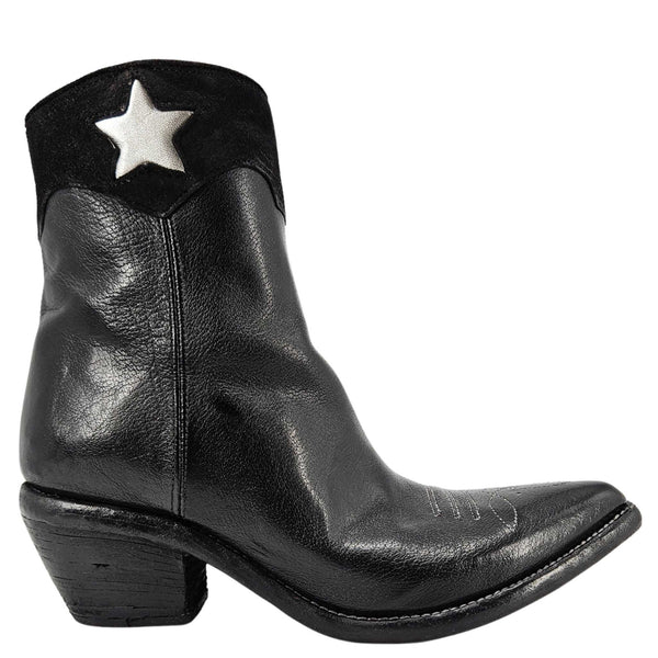 Black leather ankle cowboy boot with silver star, block heel and pointy toe