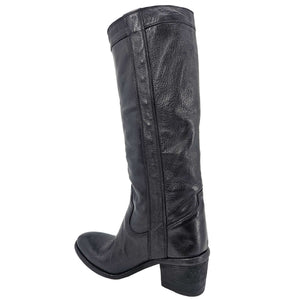 Knee-high black washed leather boot with a 2 1/4 inch stacked heel, handcrafted in Italy by Madison Maison, featuring a 14 inch shaft and smooth hand-treated finish, side profile view against a white background.