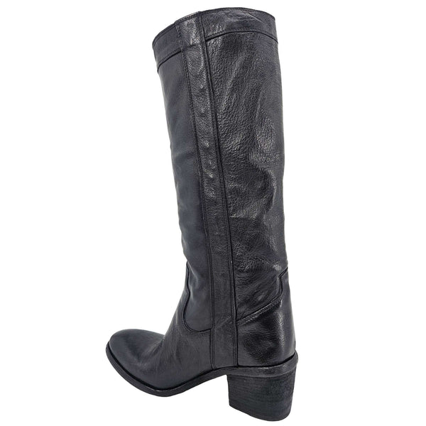 Knee-high black washed leather boot with a 2 1/4 inch stacked heel, handcrafted in Italy by Madison Maison, featuring a 14 inch shaft and smooth hand-treated finish, side profile view against a white background.