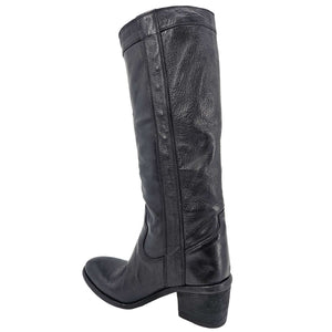 Black leather knee-high boot on a white background