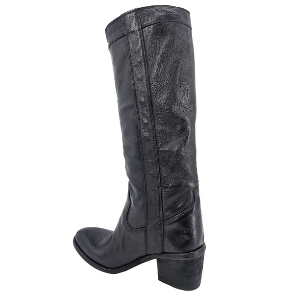 Black leather knee-high boot on a white background
