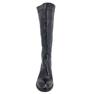 Knee-high black washed leather boot with a 2 1/4 inch stacked heel, handcrafted in Italy by Madison Maison, featuring a 14 inch shaft and smooth hand-treated finish, side profile view against a white background.