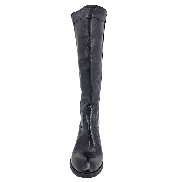 Knee-high black washed leather boot with a 2 1/4 inch stacked heel, handcrafted in Italy by Madison Maison, featuring a 14 inch shaft and smooth hand-treated finish, side profile view against a white background.