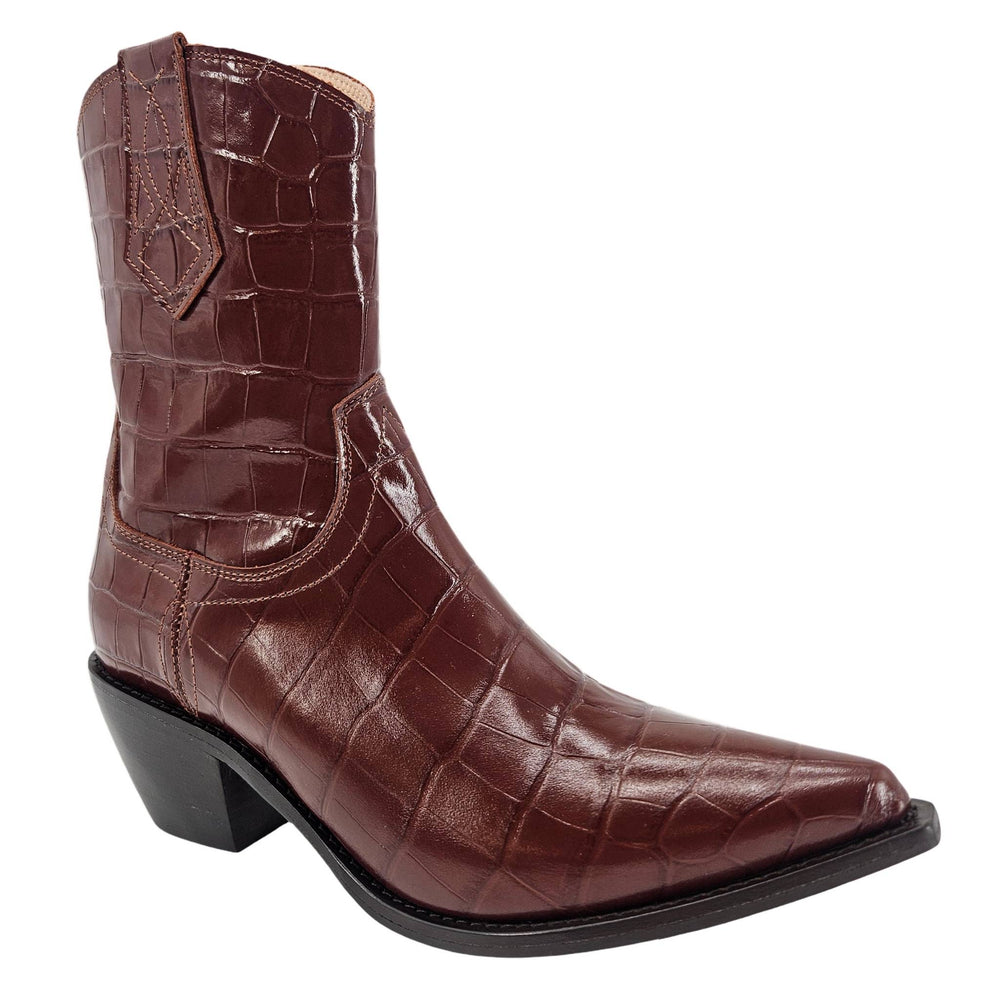 Croc-embossed ankle boot with pointed toe, dark chocolate leather, block heel
