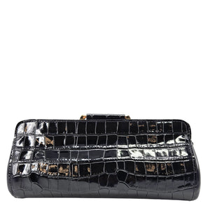 Black crocodile-patterned clutch bag on a white background