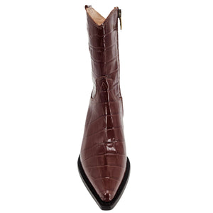 Brown crocodile-patterned leather boot on a white background