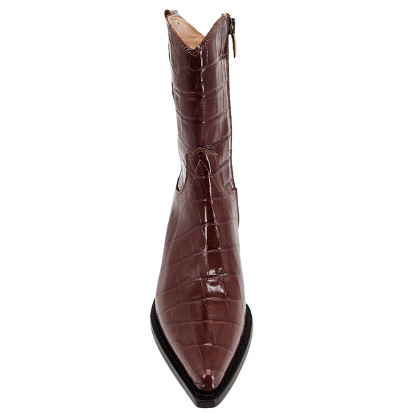 Brown crocodile-patterned leather boot on a white background