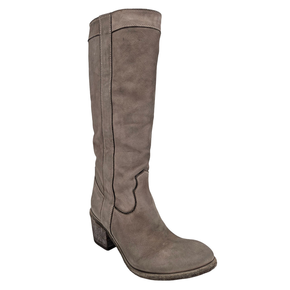 Taupe washed leather knee-high pull-on boot, front side seam and low stacked heel