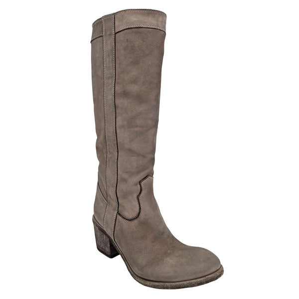 Gray knee-high boot on a white background