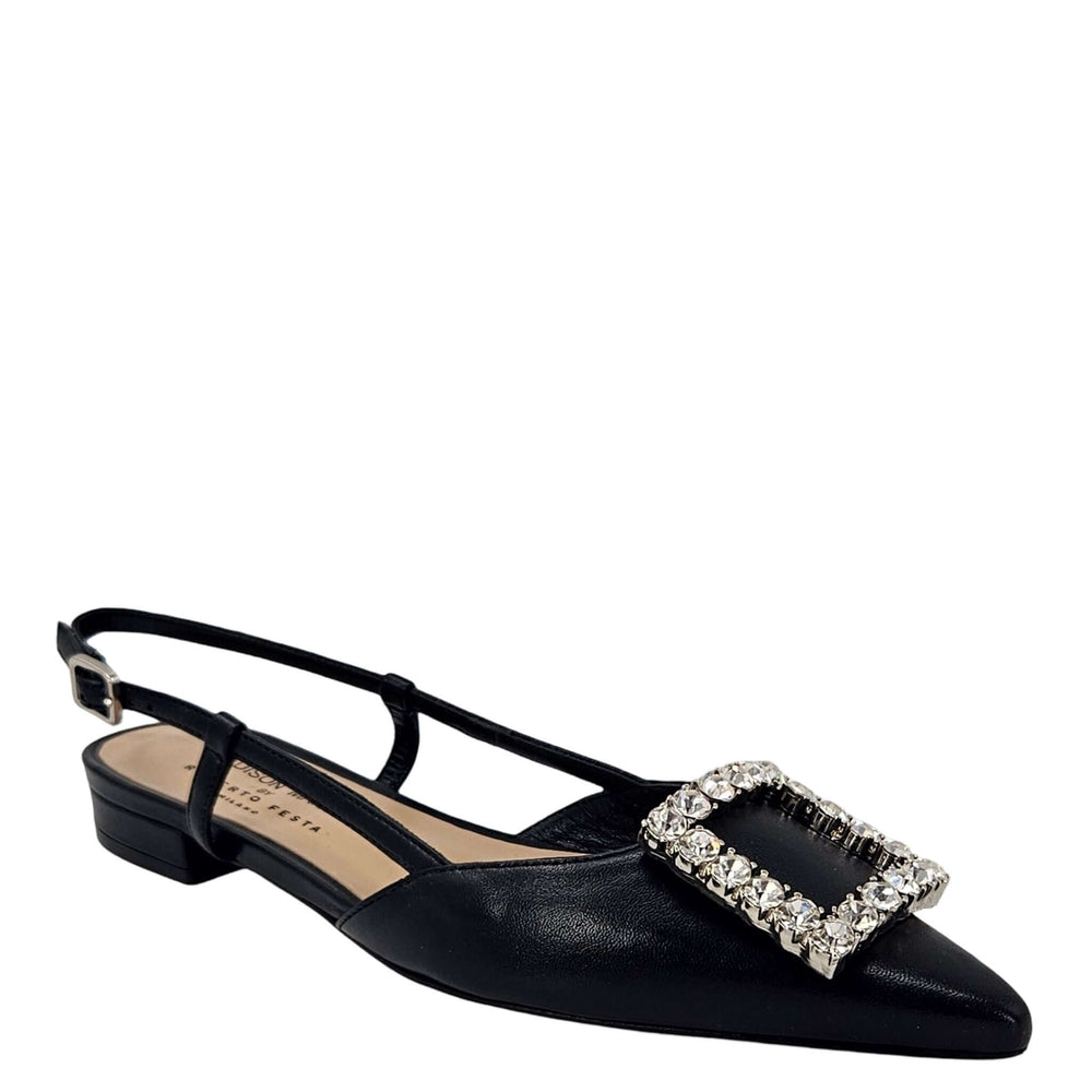 Black leather sling-back flats with rhinestone rectangular buckle and low block heel