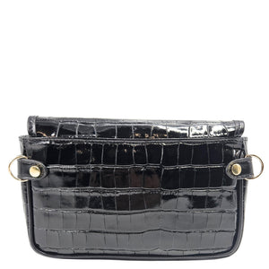 Black crocodile-patterned handbag with gold accents on a white background