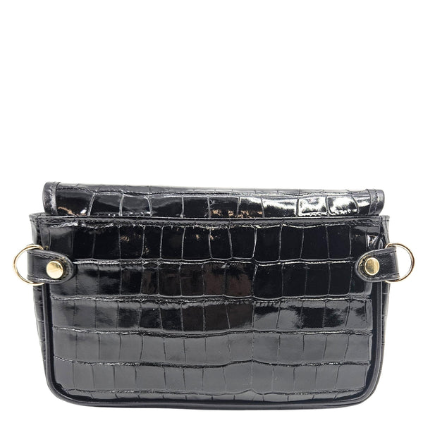 Black crocodile-patterned handbag with gold accents on a white background