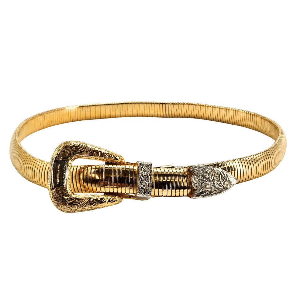 Gold bracelet with a decorative buckle on a white background