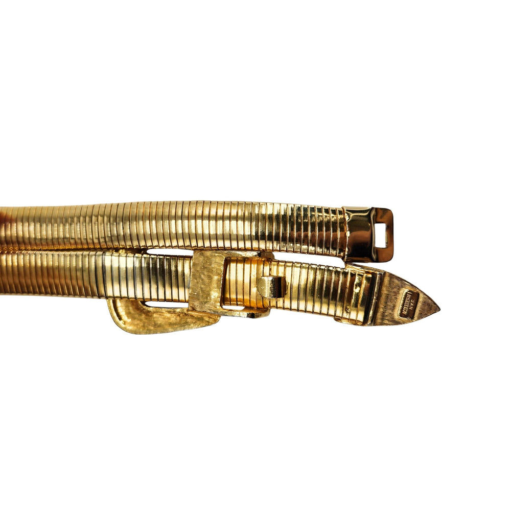 Gold stretch snake belt with ornate square buckle and western style relief details